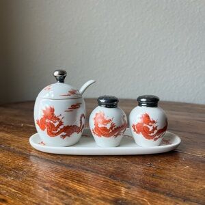 AP Meiben Germany Porcelain Dragon Design Salt, Pepper & Mustard Set